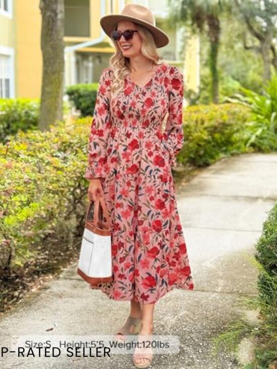 Floral Boho Maxi Dress Long Sleeve V Neck A Line Flowy Wedding Guest - Picture 5 of 7